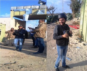المراسل احمد شويرب و المصور عبدالقادر فسوك أمام معسكر 17 فبراير