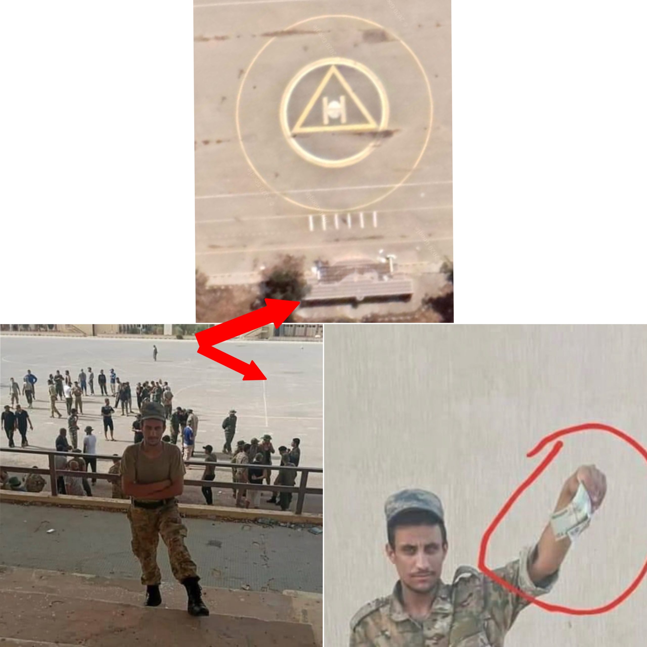 صورة لمرتزق سوري يدعى " أبوسراقب "وهو يقف تحت منصة الشرف في معسكر اليرموك مع صورة أخرى له مع عملة ليبية بعد حصوله على راتبه